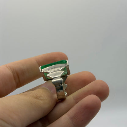 Vintage Silver Emerald Cut Green Gem Ring Tiered Geometric Design