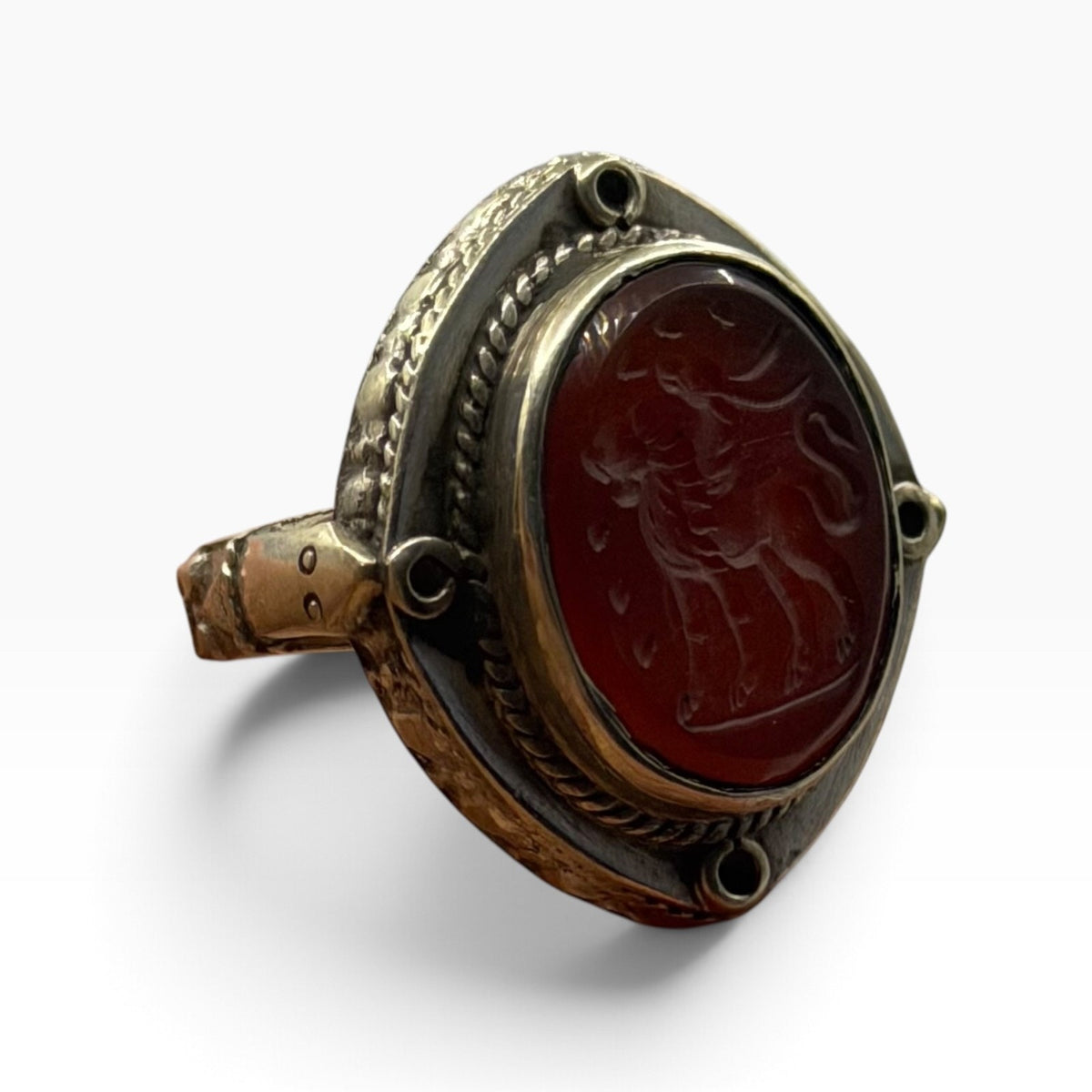 Vintage Silver Ancient Roman Style Intaglio Ring Carved Red Carnelian Seal