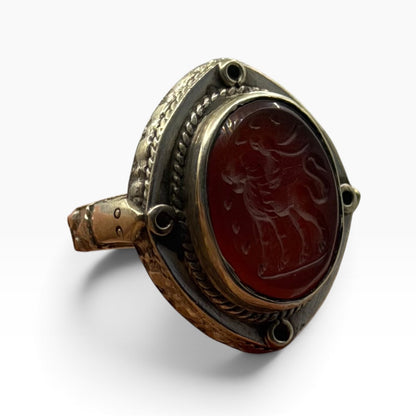 Vintage Silver Ancient Roman Style Intaglio Ring Carved Red Carnelian Seal