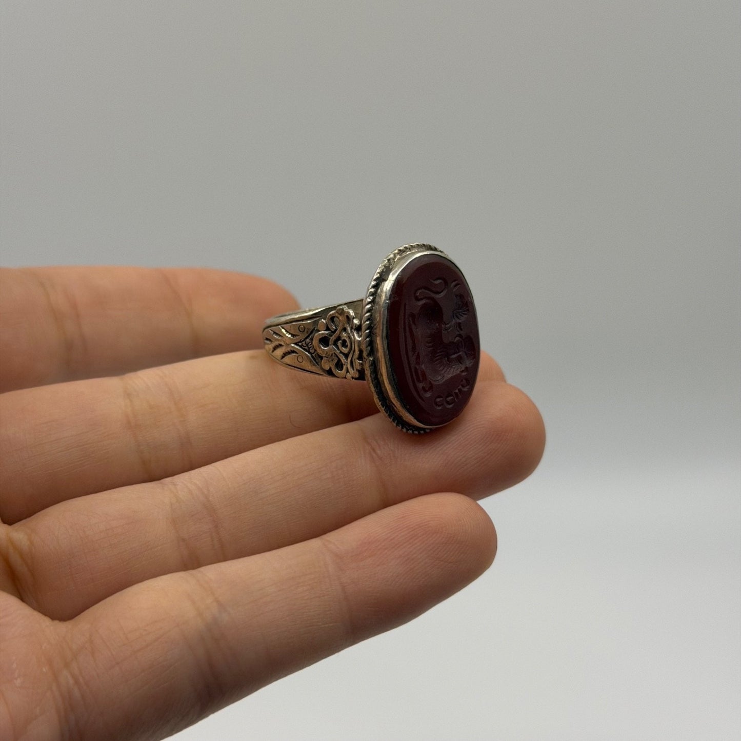 Vintage Silver Intaglio Carved Roman Style Carnelian Gemstone Signet Ring