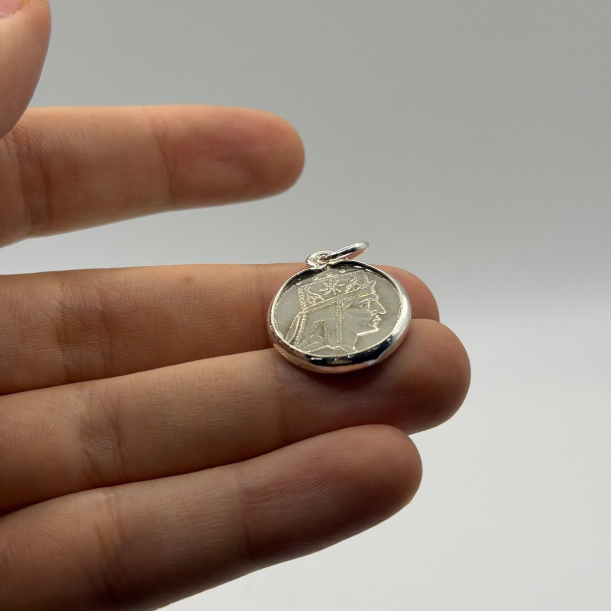Ancient Roman Greek Style Silver Tone Coin Pendant