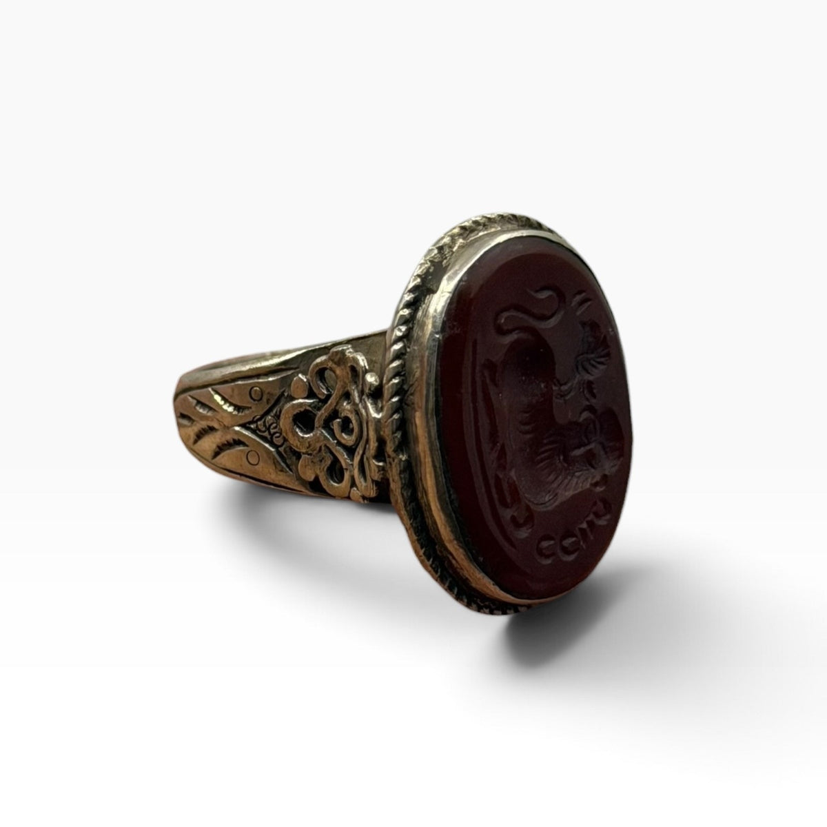Vintage Silver Intaglio Carved Roman Style Carnelian Gemstone Signet Ring