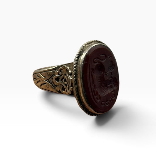 Vintage Silver Intaglio Carved Roman Style Carnelian Gemstone Signet Ring