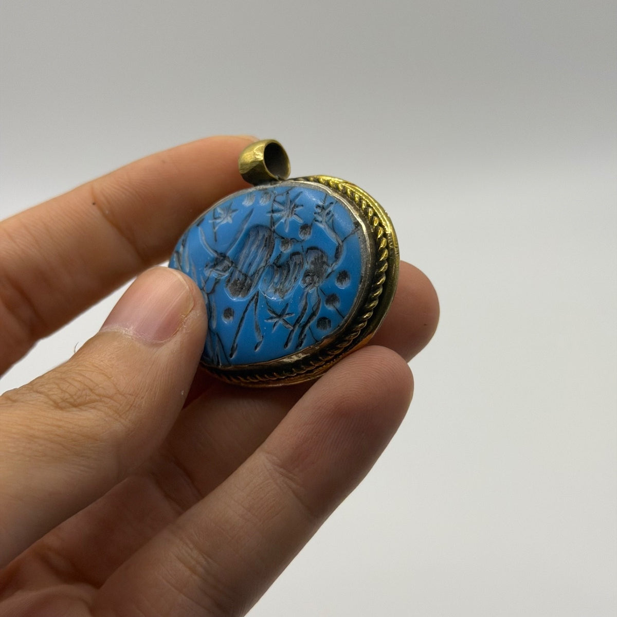 Ancient Near Eastern Style Hand Carved Intaglio Brass Pendant