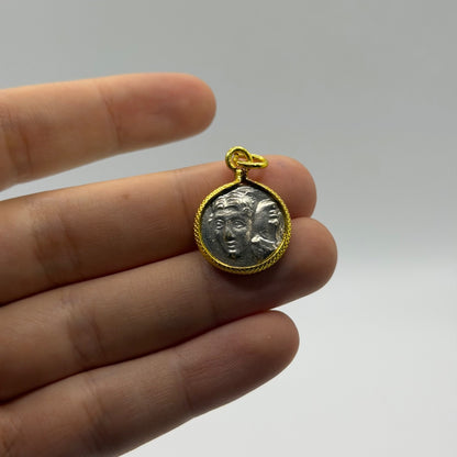 Ancient Roman Greek Style Silver & Gold Tone Coin Pendant