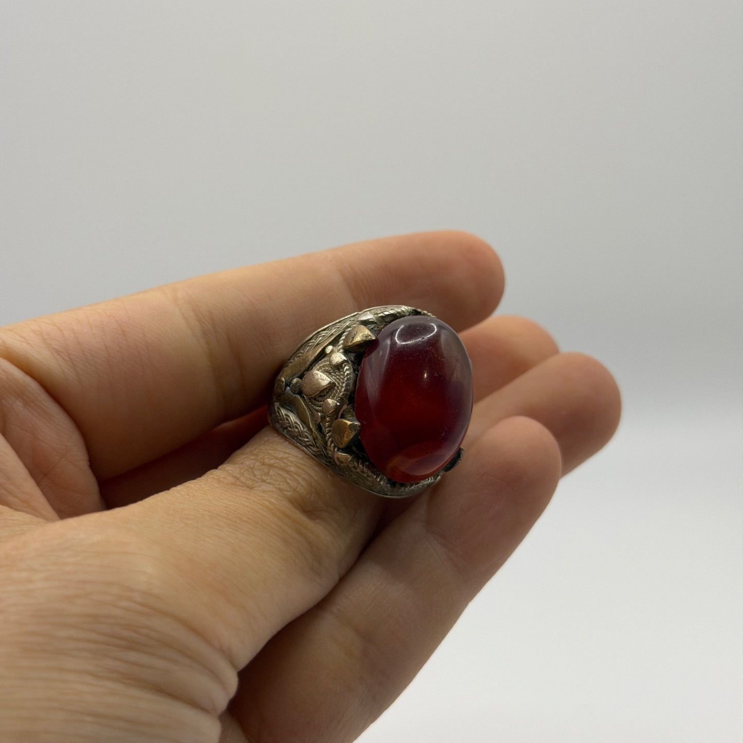 Vintage Silver Filigree Statement Ring with Red Carnelian Cabochon
