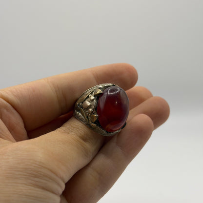 Vintage Silver Filigree Statement Ring with Red Carnelian Cabochon
