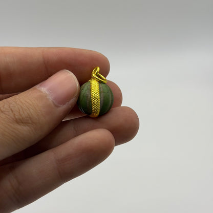 Vintage Carved Green Stone Watermelon Bead Pendant Gold Plated Frame Charm