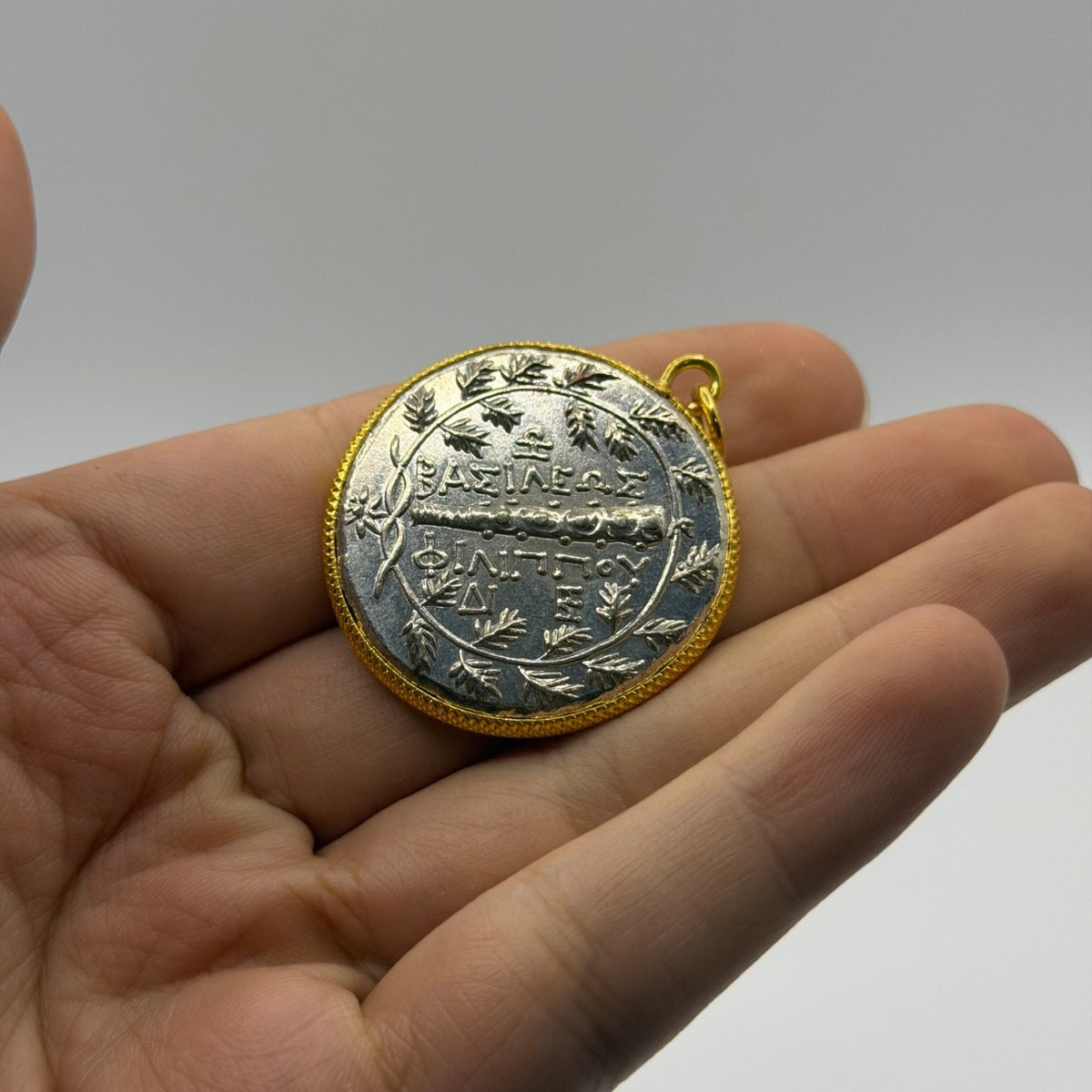 Ancient Greek Roman Inspired Silver Plated Gold Gilded Coin Pendant