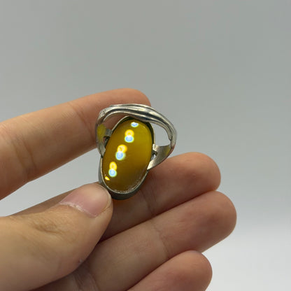 Vintage Silver Solitaire Ring with Large Oval Yellow Chalcedony Cabochon