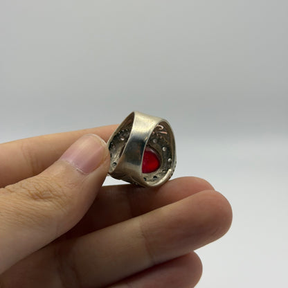 Vintage Silver Ring Red Glass Stone Cutout Design Ornate
