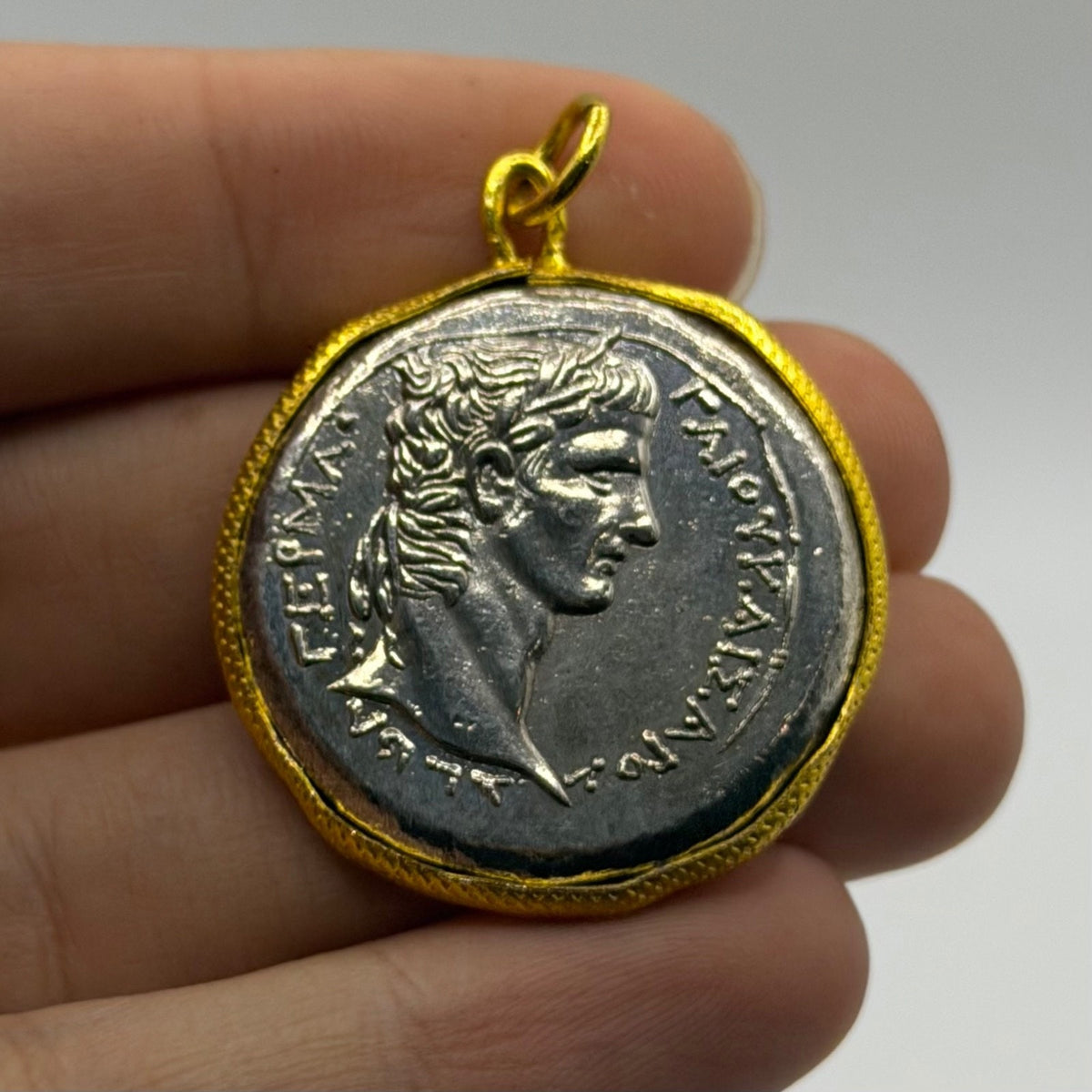 Ancient Greek Roman Inspired Silver Plated Gold Gilded Coin Pendant