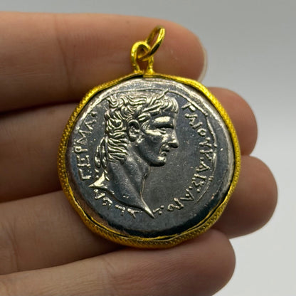 Ancient Greek Roman Inspired Silver Plated Gold Gilded Coin Pendant